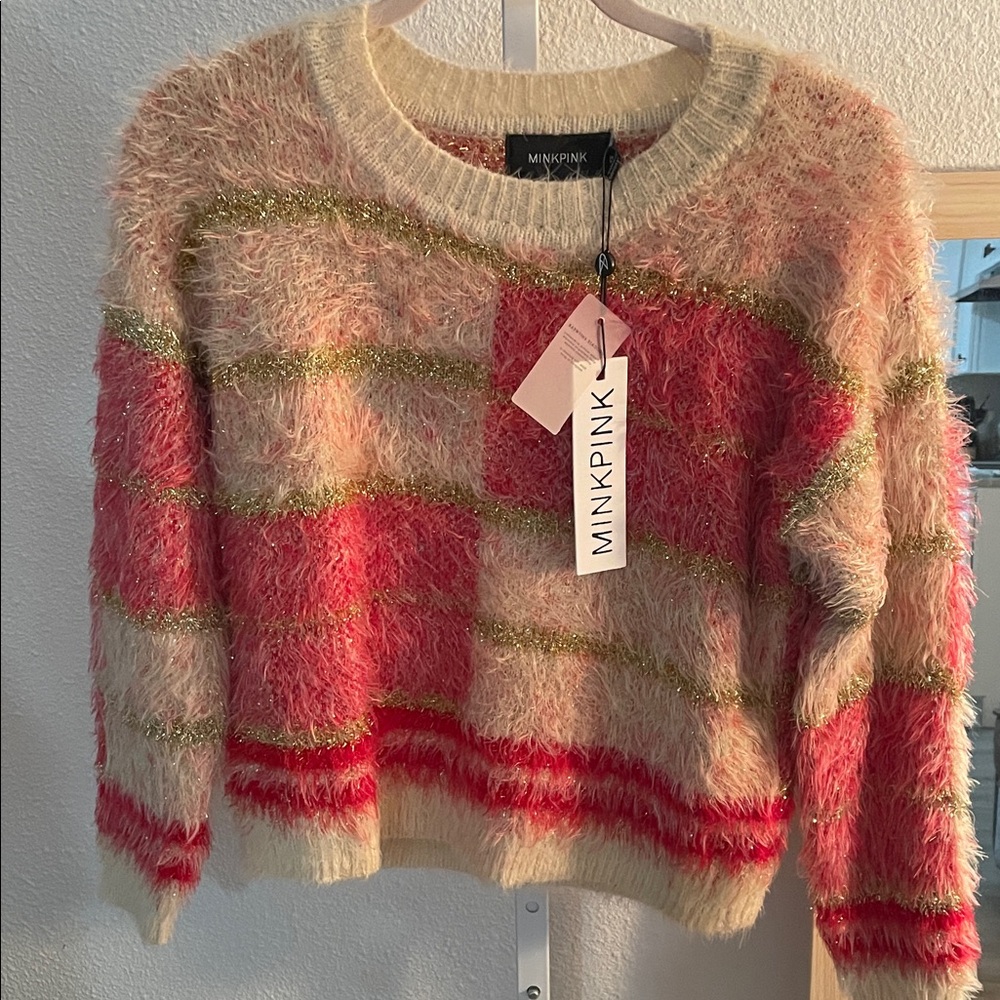 MINKPINK Fuzzy Stripe Crewneck Sweater in Pink, Cream & Gold